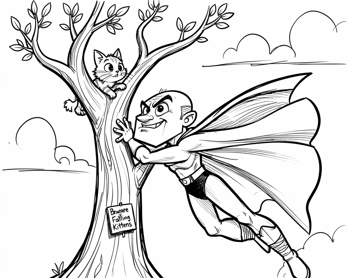 [Fantasy & Imaginative Scenarios] Imaginative fantasy scene of a superhero rescuing a kitten stuck in a towering tree, brimming with wonder