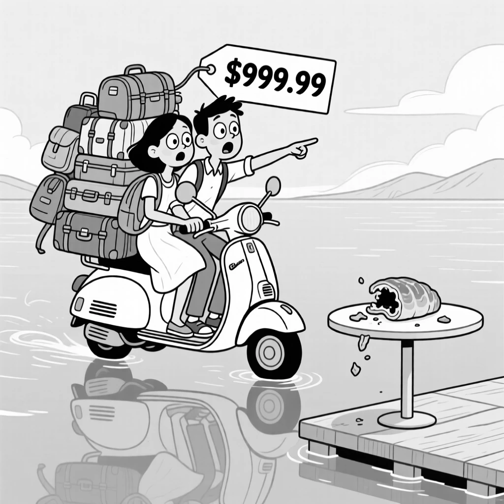 A couple riding a scooter overloaded with luggage, pointing dramatically at a price tag in mock horror, set floating on a calm, glassy lake. A half-eaten pastry balances precariously on the table's edge. It radiates wanderlust and the fun of getting a little lost.