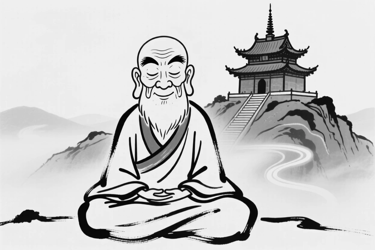 A wise elderly monk meditating peacefully atop a misty mountain temple.