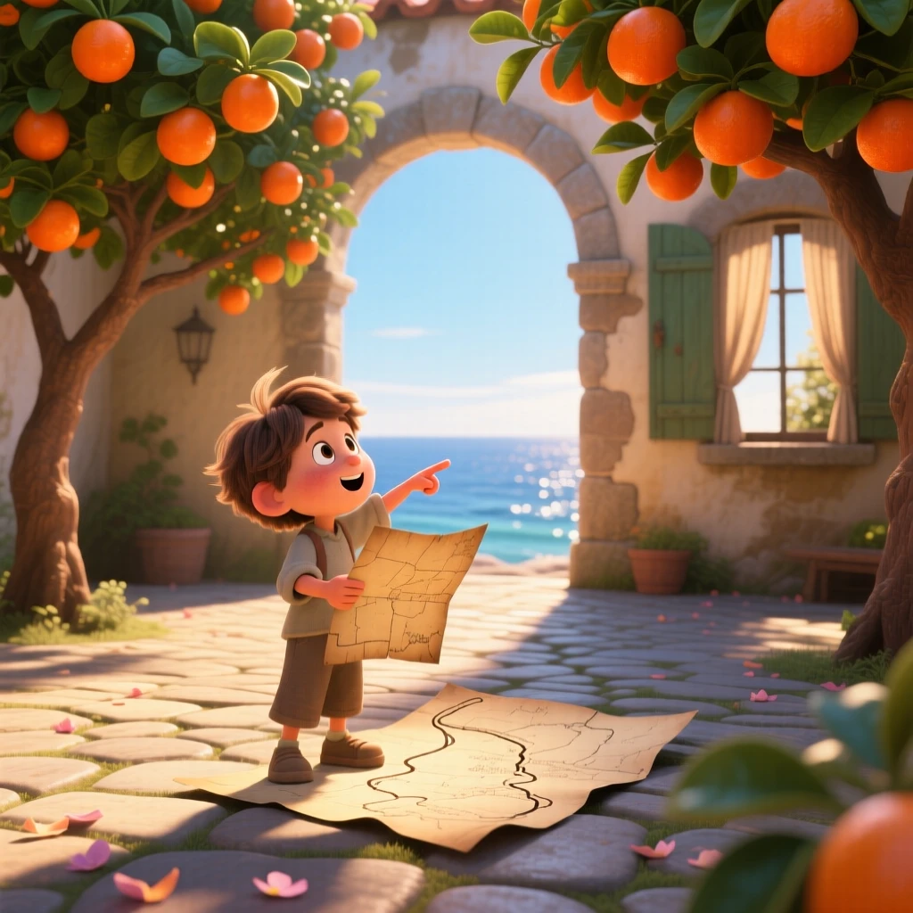 A child pointing excitedly at the view stands inside a sunlit courtyard filled with orange trees, tracing a path on an old paper map. The mood is adventurous, peaceful, and awe-inspiring, with the scent of salt air carried on the wind.