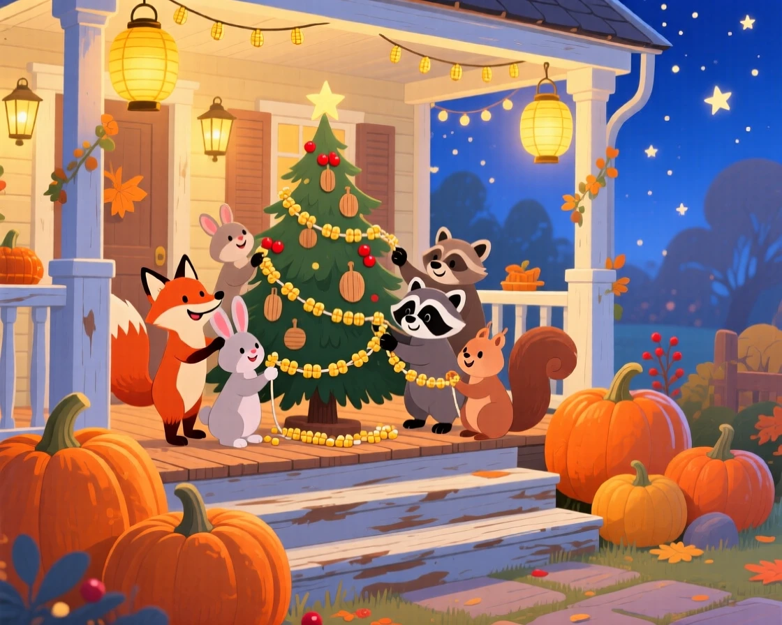 In a pumpkin-lined front porch, a group of woodland friends celebrate together by stringing popcorn garlands for the holiday tree, as golden lanterns glow warmly.