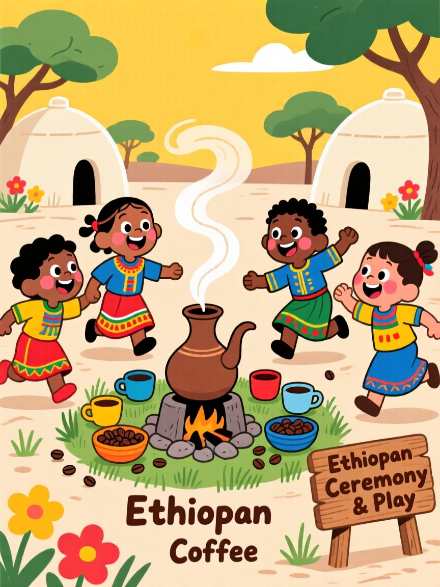 Children in Ethiopia playing a lively game around a coffee ceremony.