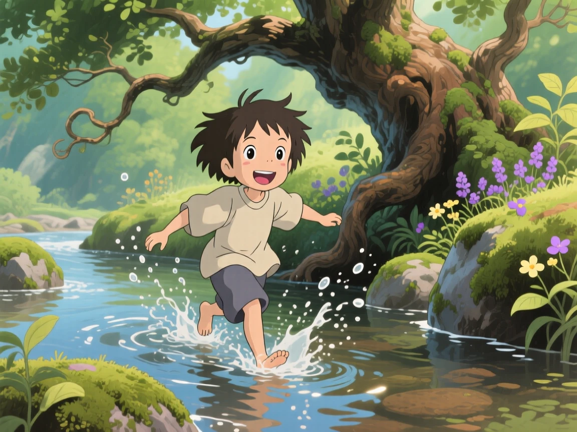 A barefoot child wading through a shallow creek, the moment full of laughter and energy.