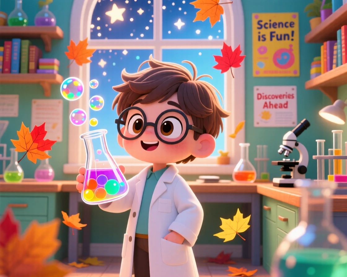 A small scientist watching bubbles rise from a beaker with wonder, framed as a medium shot within a colorful laboratory, with autumn leaves swirling around, glowing under sparkling starlight, evoking quiet contentment.