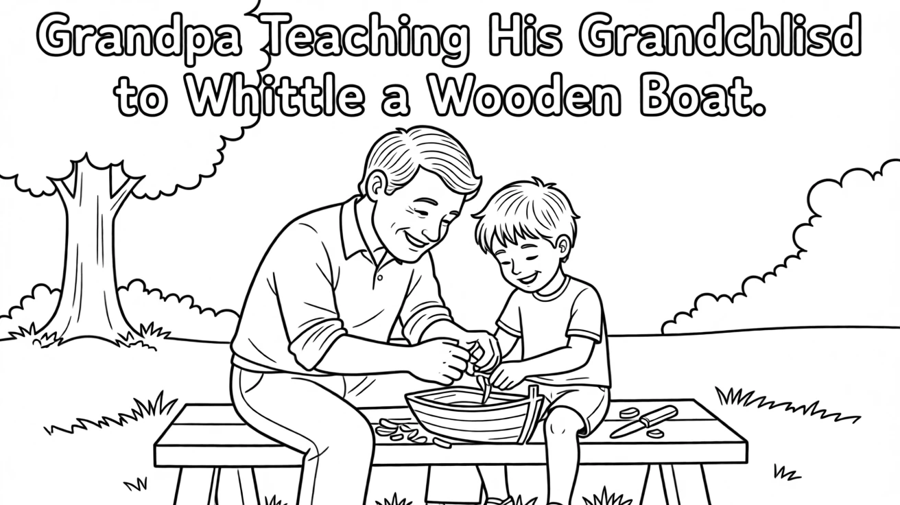 Grandpa teaching his grandchild to whittle a small wooden boat