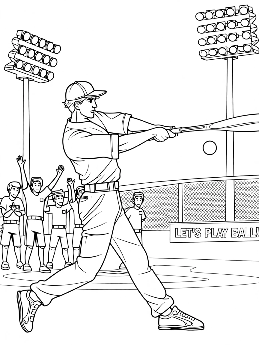 A baseball player swinging at a pitch under stadium lights, with teammates celebrating just behind.