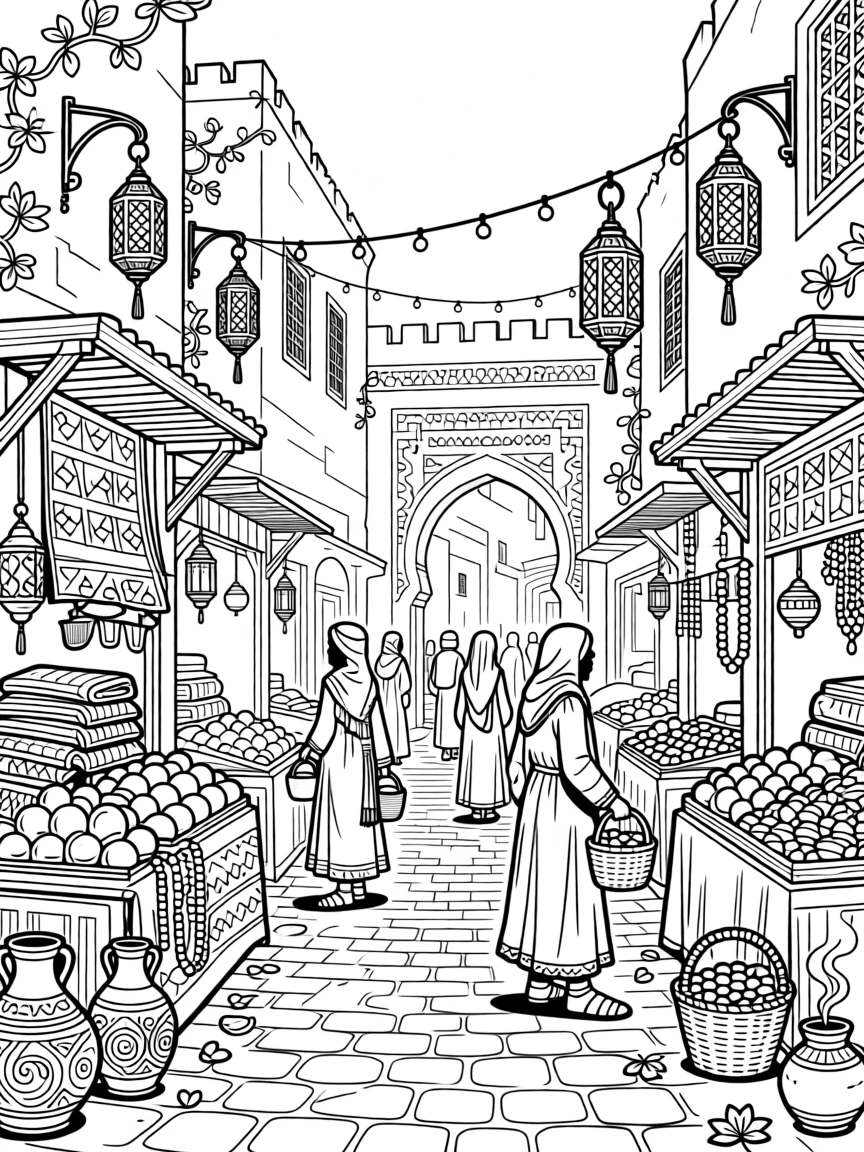 Market stalls and lantern light of an old medina at night.