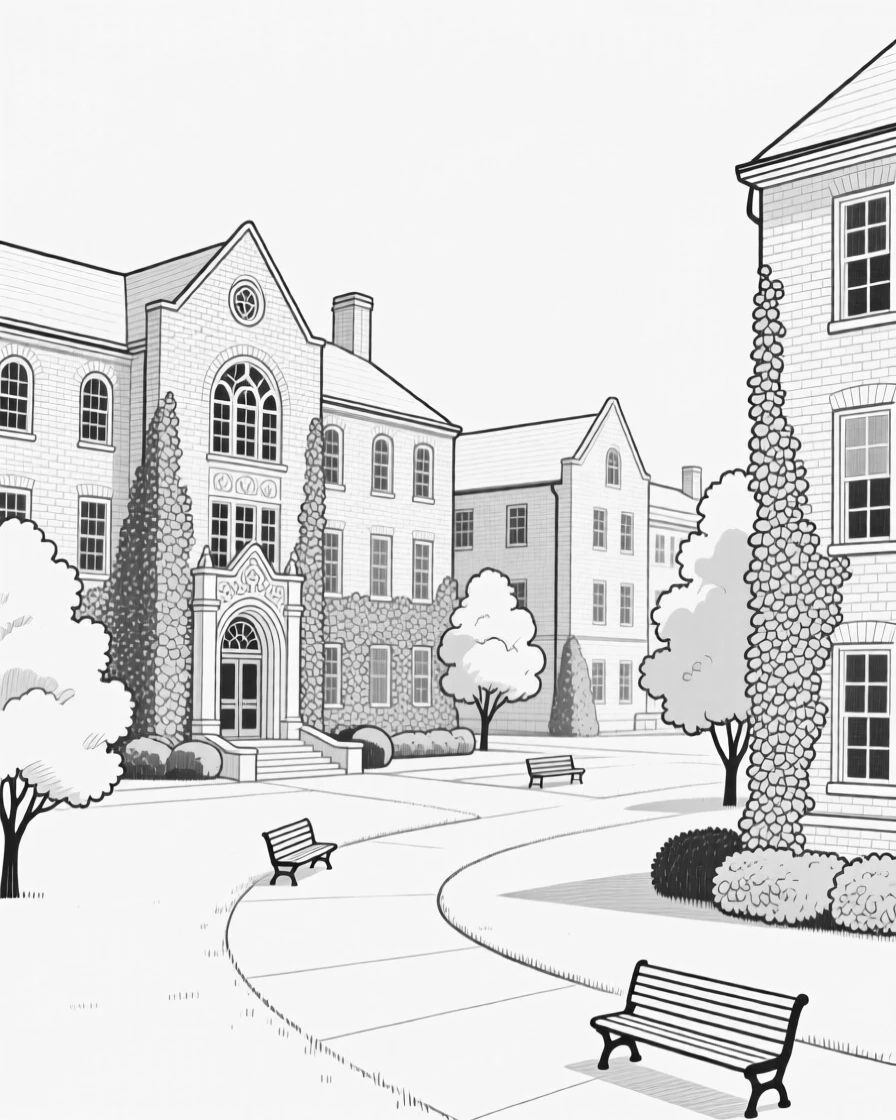 A university campus with ivy-covered brick buildings