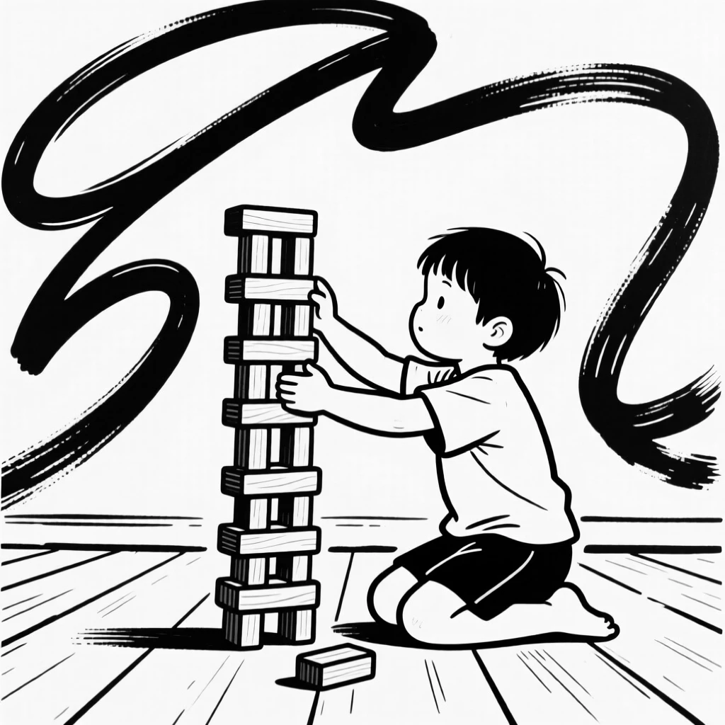 A child stacking wooden blocks into a tall tower on the floor.