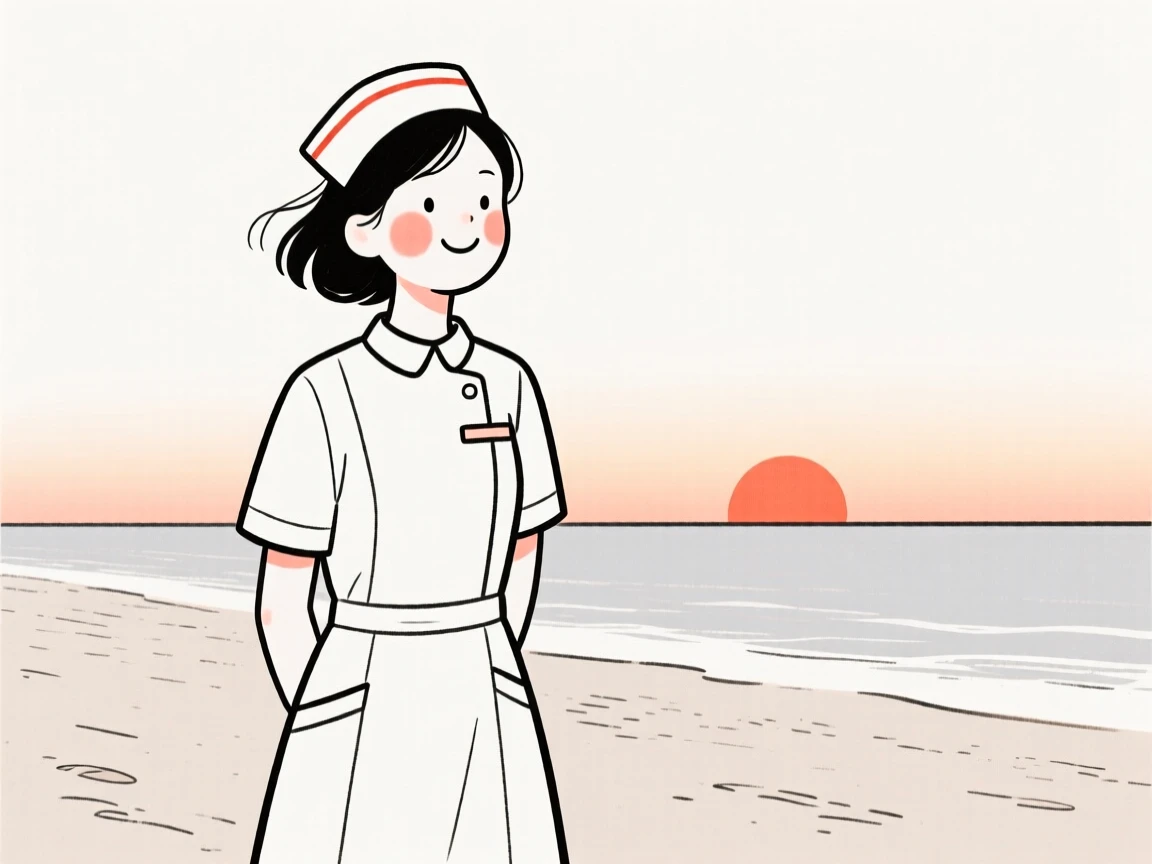 A nurse smiling at the end of a long day, glowing with nostalgia, on a sandy beach at sunset.