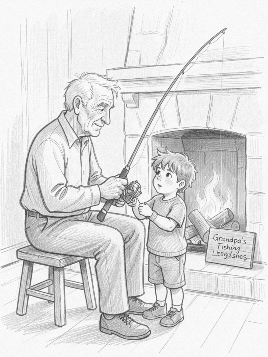 An emotional scene of a grandfather teaching his grandson to fish around a crackling fireplace, captured in a tender, unguarded moment.