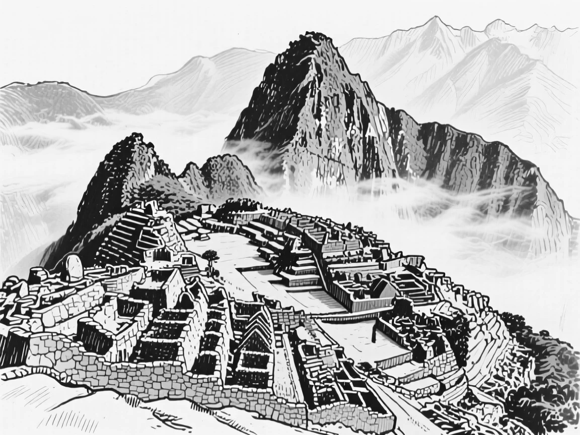 The ancient Incan ruins of Machu Picchu wrapped in morning mist.