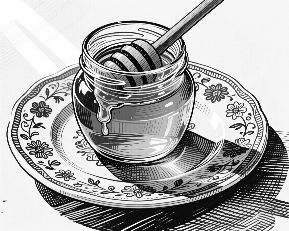 A jar of honey with a wooden dipper presented on a vintage porcelain plate, with sunlight catching the glossy surface, presented in a fresh and vibrant culinary still life.
