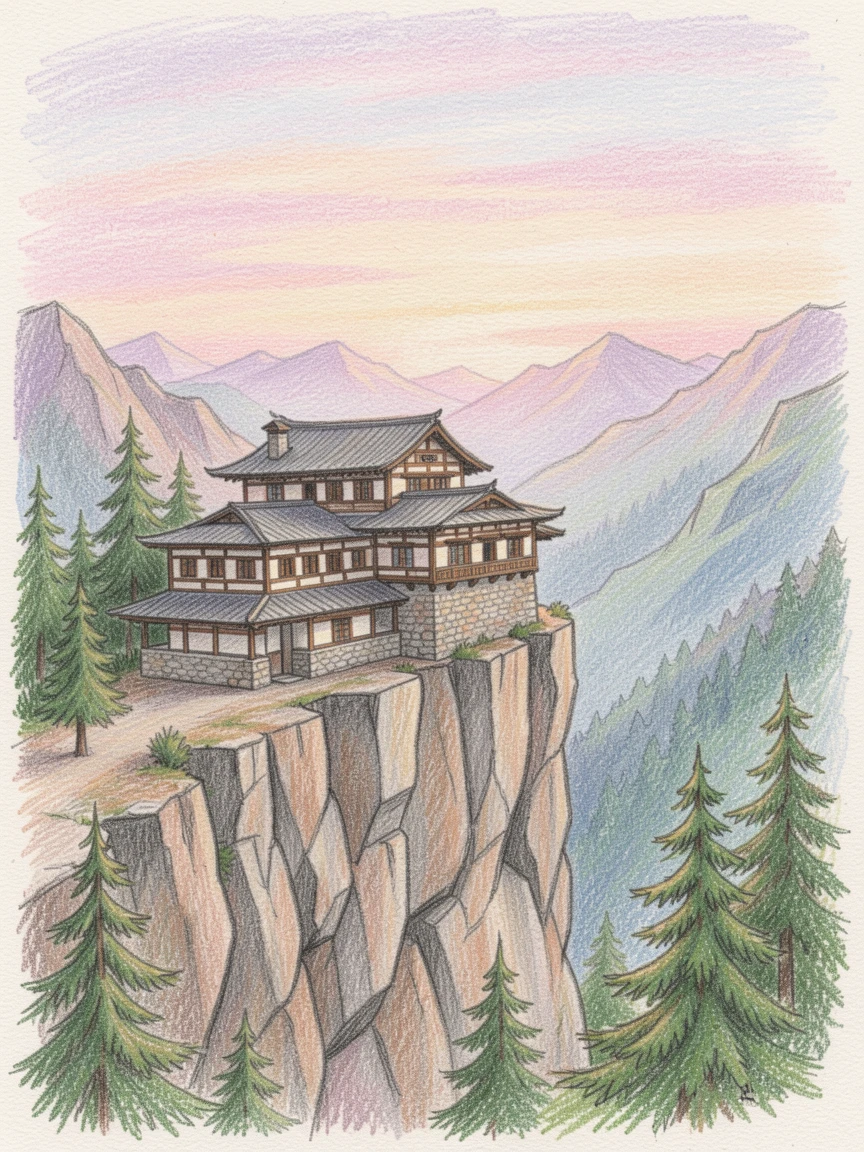 A quiet mountain monastery perched on a cliffside at sunrise, set against a softly lit, atmospheric backdrop, perfect for anyone drawn to gentle, heartfelt imagery.