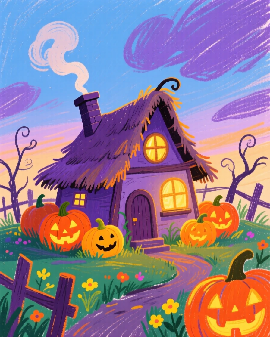 A witch's cottage surrounded by glowing pumpkins at twilight.