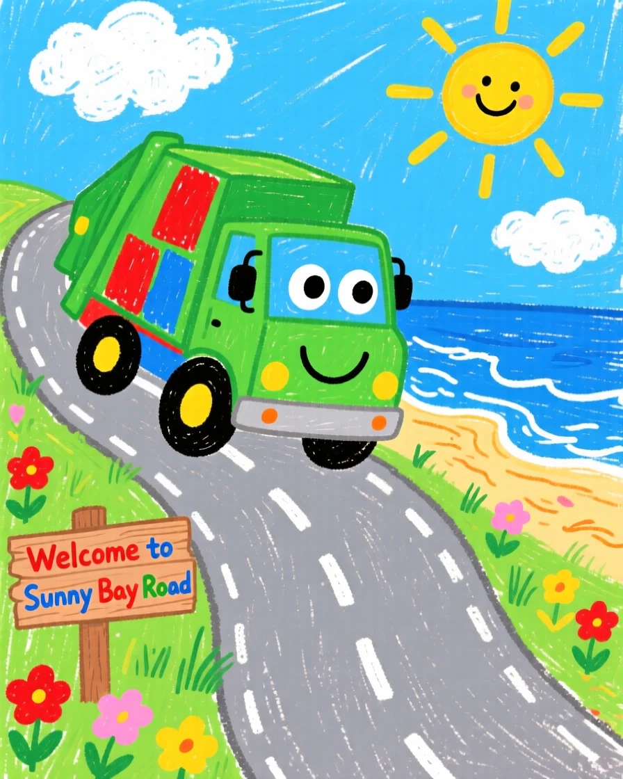 A friendly garbage truck traveling along a winding coastal road.