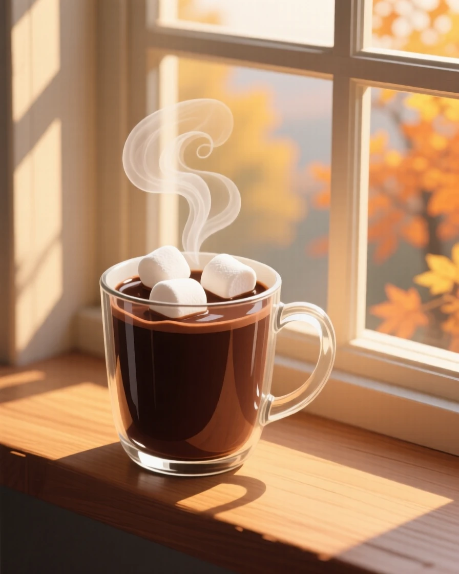A steaming mug of hot chocolate topped with marshmallows, placed near a window with warm afternoon light, composed with steam rising for a warm, inviting feel, with a joyful, celebratory feel.