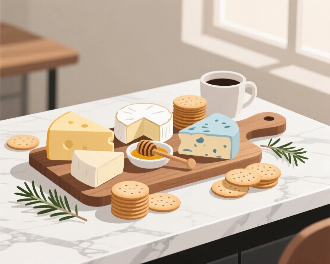 A spread of cheese and crackers beautifully displayed on a marble countertop at a cozy cafe.