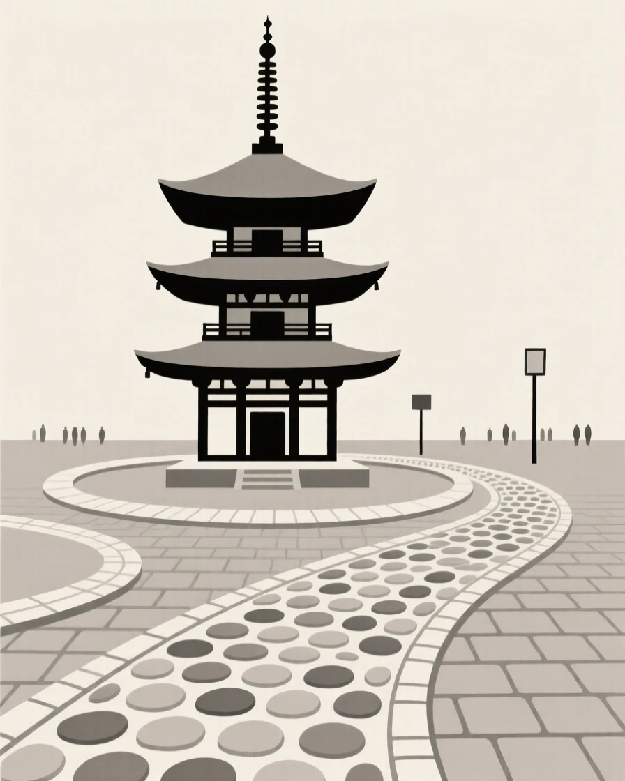 A Japanese pagoda, striking and prominent, stands in a bustling downtown plaza, surrounded by cobblestone pathways, expressing peaceful order.