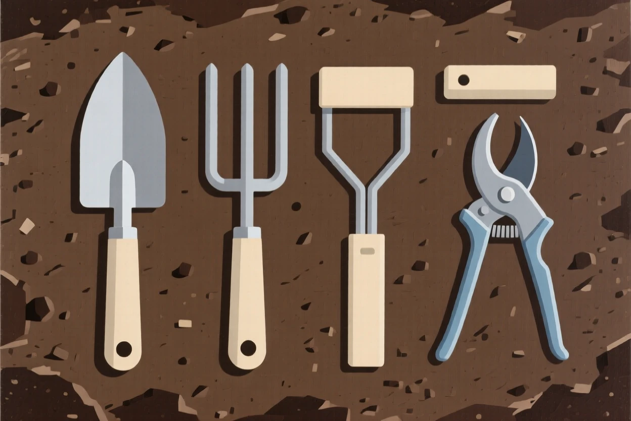A set of gardening tools laid on soil