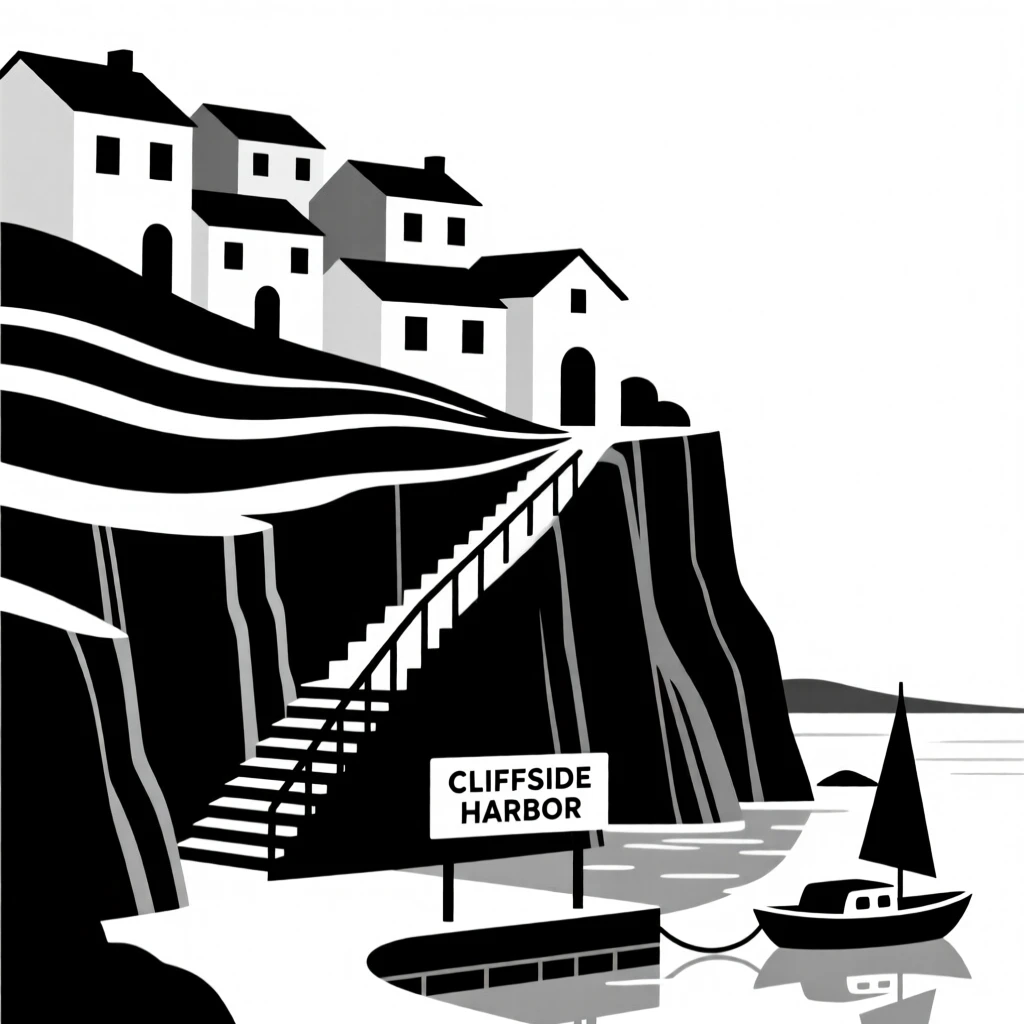 A coastal town built into a cliffside.