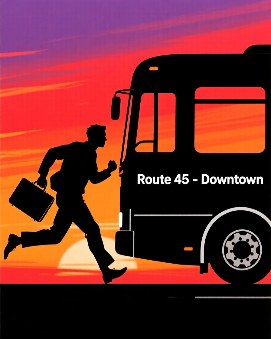 A commuter running to catch a departing bus, briefcase in hand.