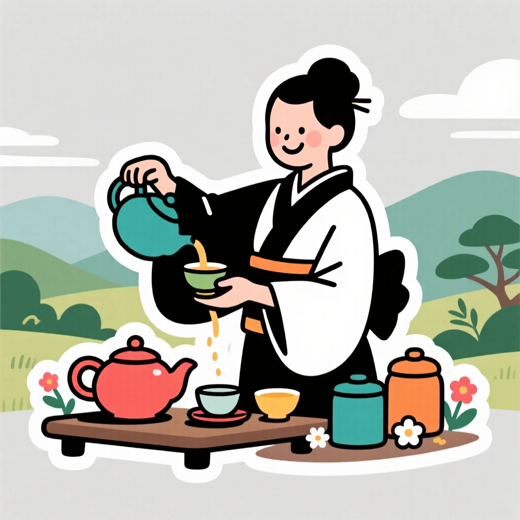A beaming with excitement tea ceremony host pouring tea gracefully, with colorful materials spread all around, at a scenic outdoor location.