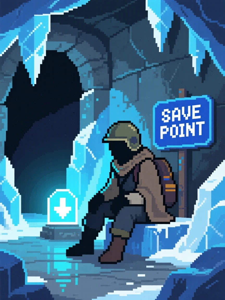 A dungeon explorer resting at a save point glowing softly in the dark, within a frozen ice cave dungeon.