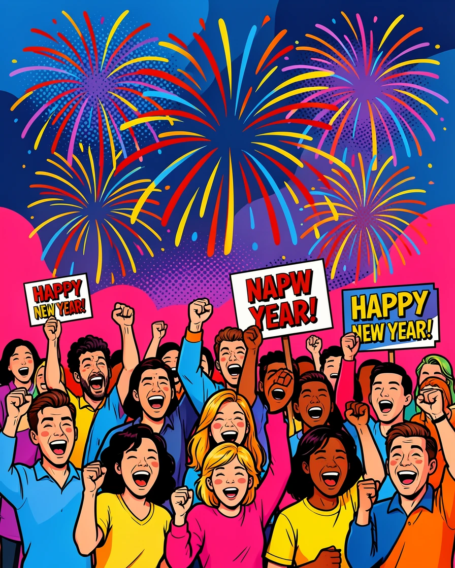 A New Year countdown crowd cheering under fireworks