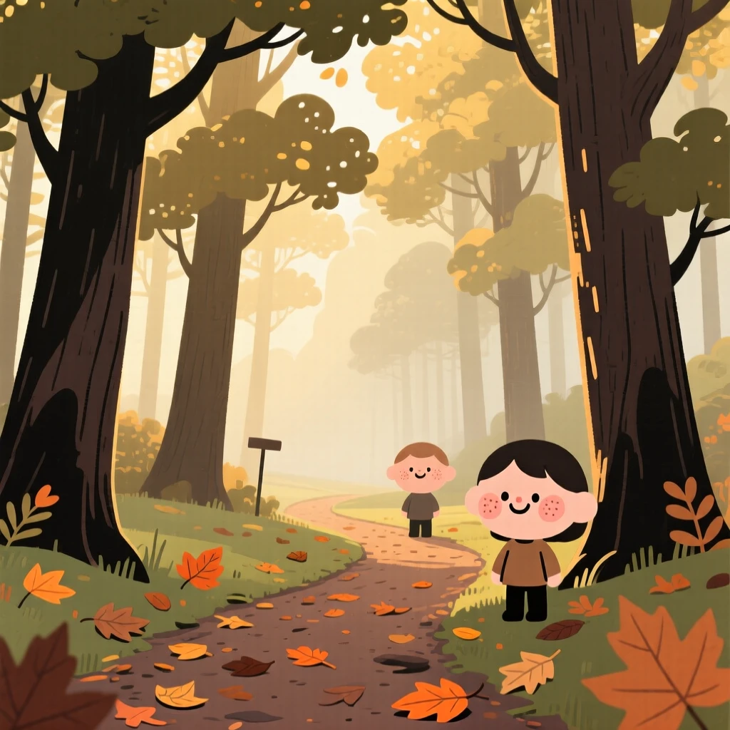 Sunlight filters through a misty pine forest of towering oaks, casting dappled golden light across a winding dirt trail scattered with fallen leaves.