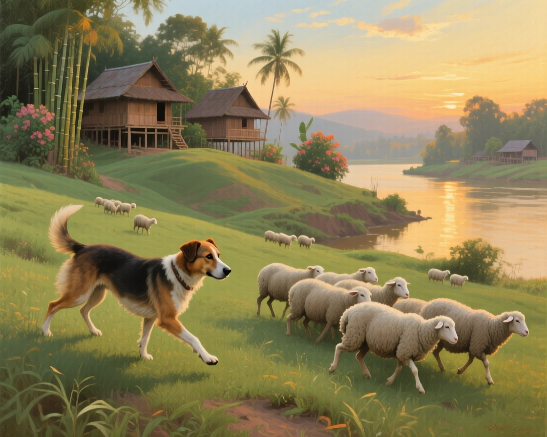 A medium shot of a shepherd dog herding sheep across a rolling green hillside, at golden hour, in a Thai river village.
