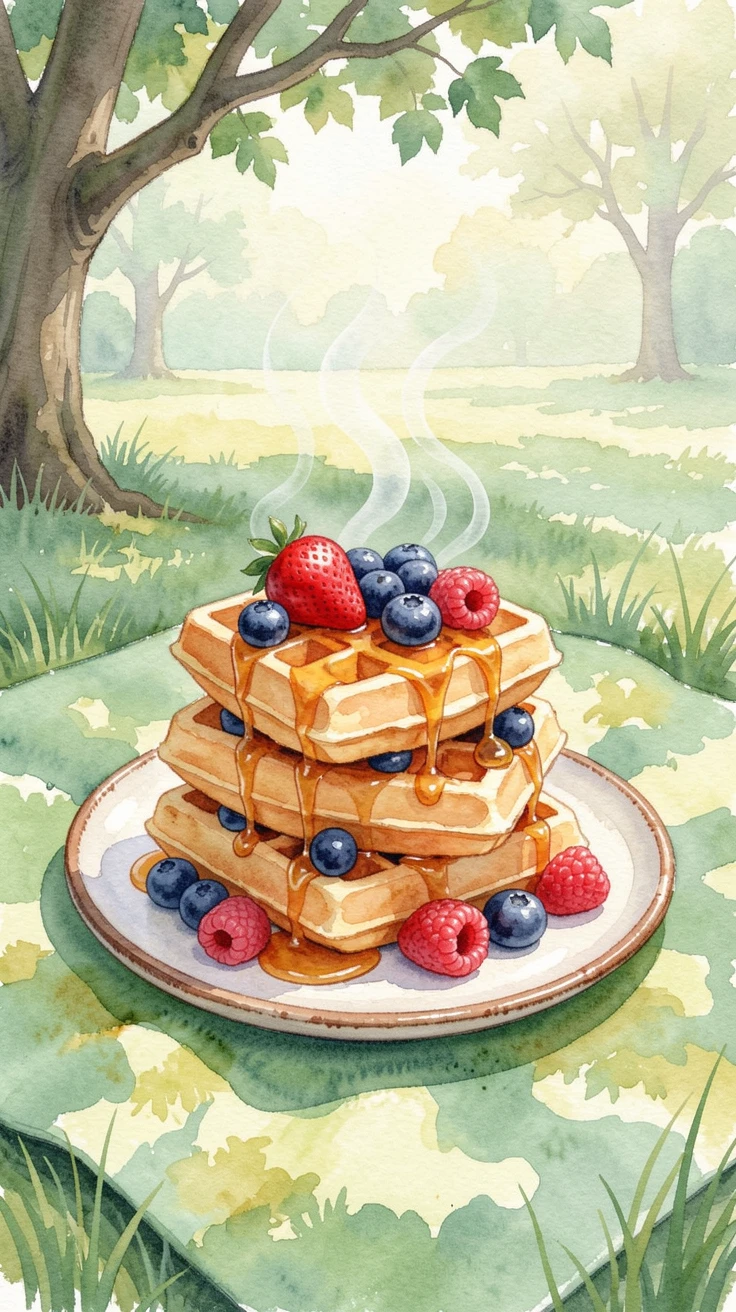 A stack of waffles with berries and honey at a picnic in a green park with steam gently rising.
