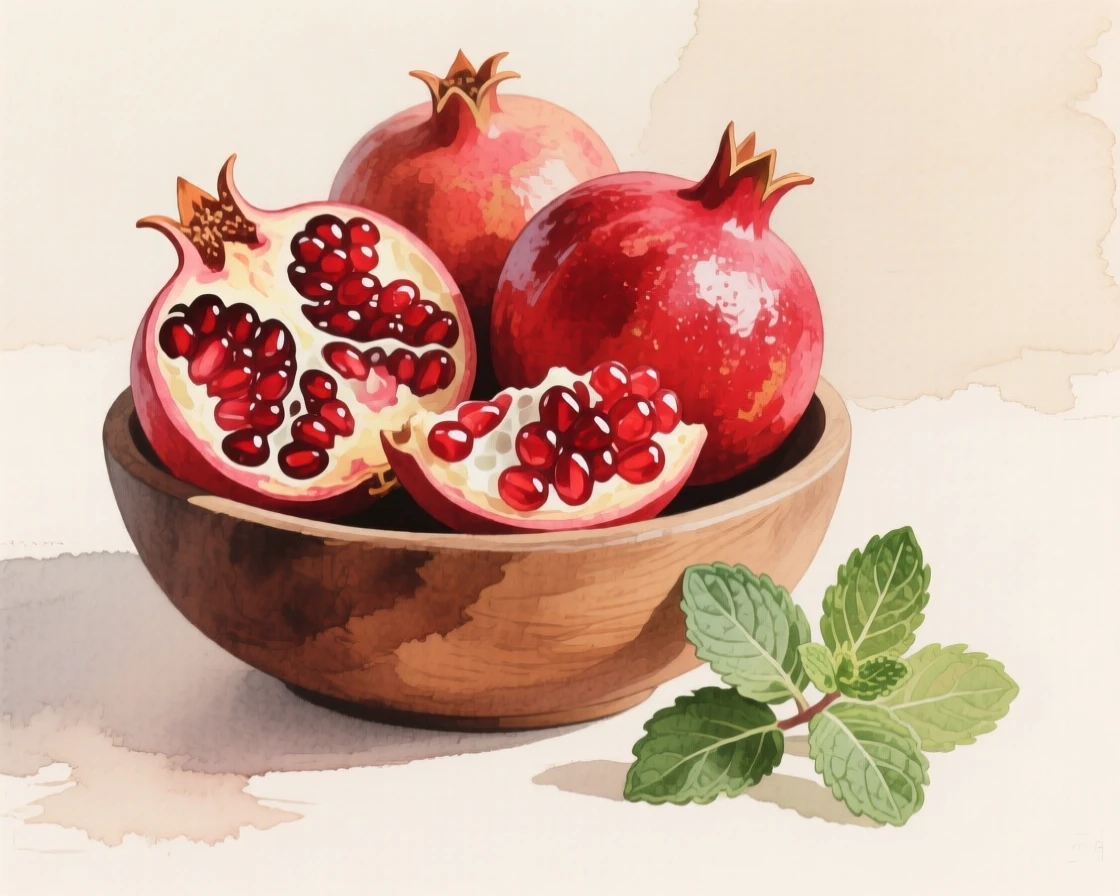 A wooden bowl of ripe pomegranates cut open to reveal jewel-toned seeds beside a small bunch of mint leaves