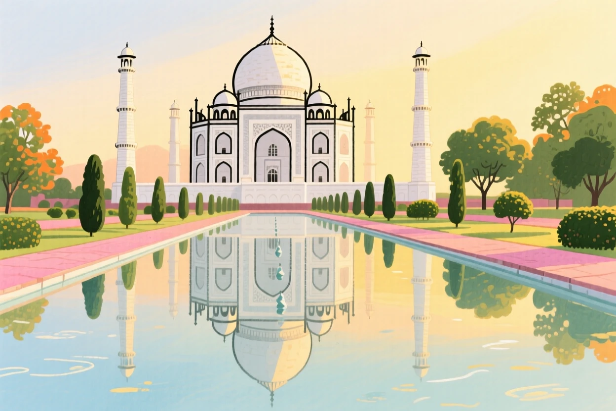 The Taj Mahal reflected in a still garden pool at dawn, glowing in warm afternoon light.