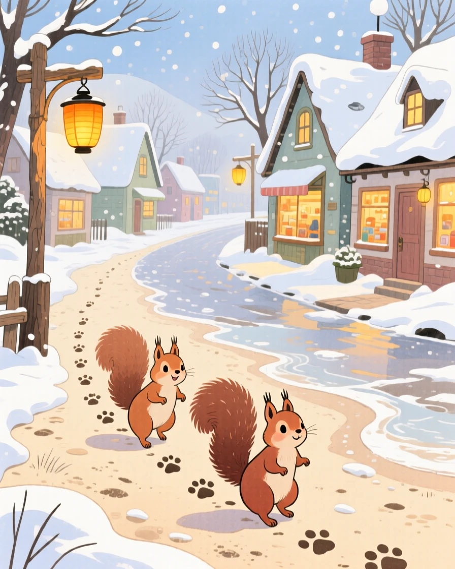 A pair of squirrels following a trail of paw prints across a beach, set in a snowy village street lined with warm lantern light, full of playful curiosity.
