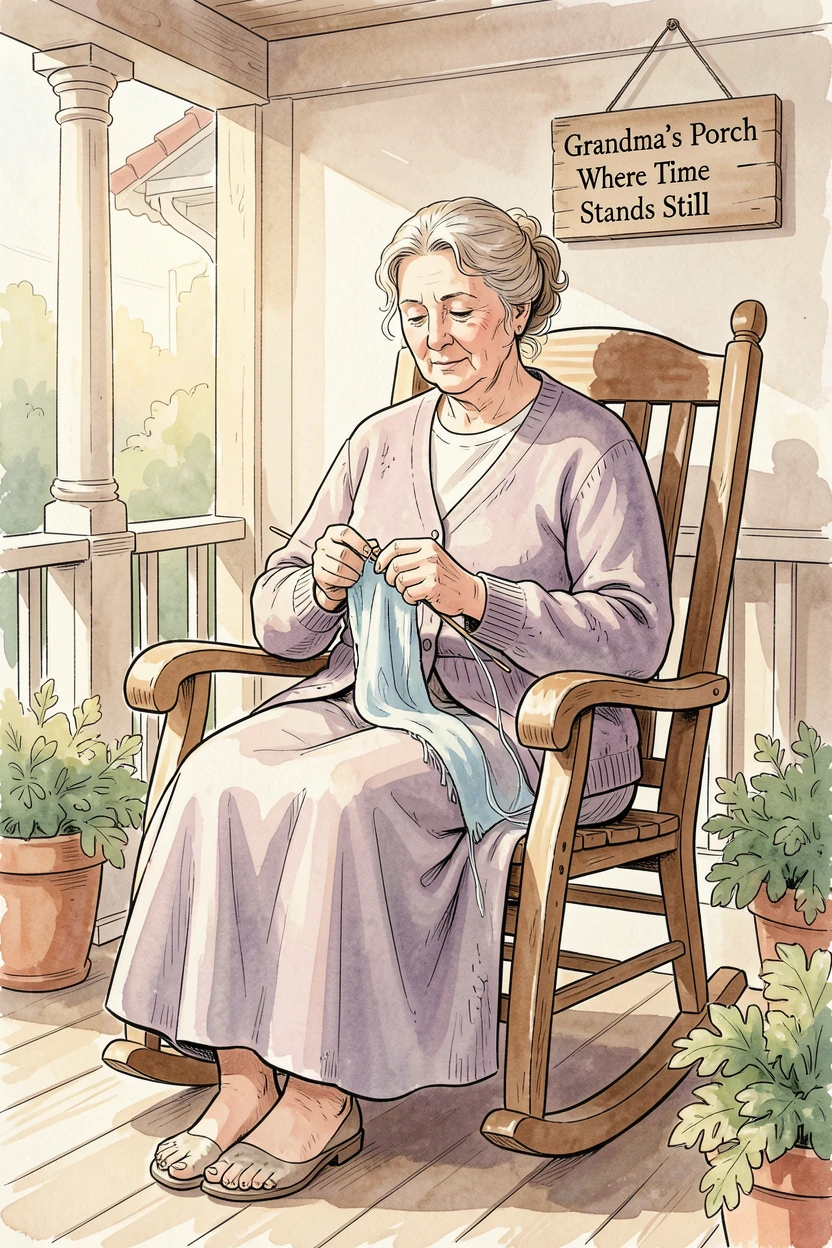 A grandmother rocking gently in a porch chair while knitting, soft natural light framing the scene with quiet warmth.