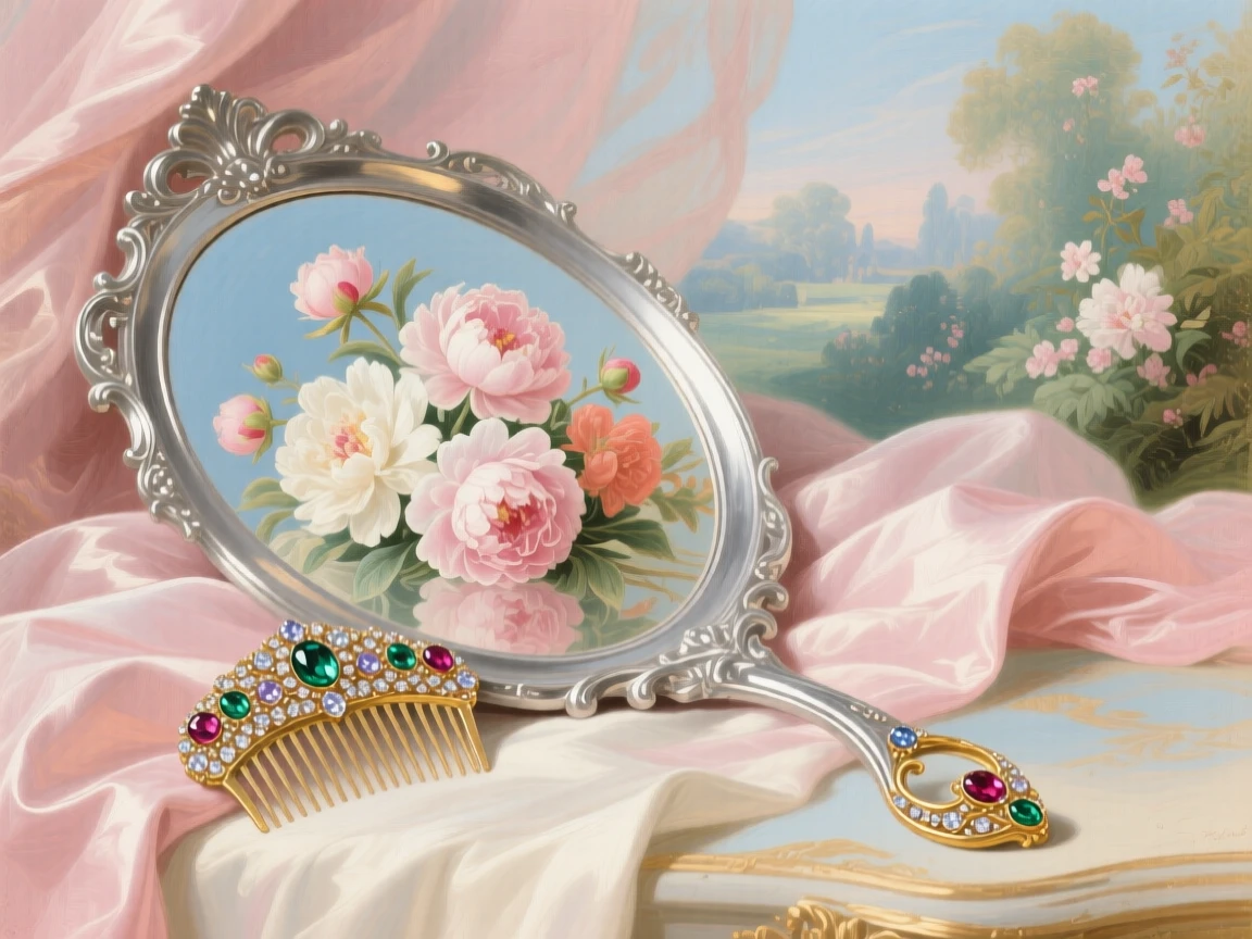 A silver mirror reflecting a bouquet of peonies and a jeweled comb  