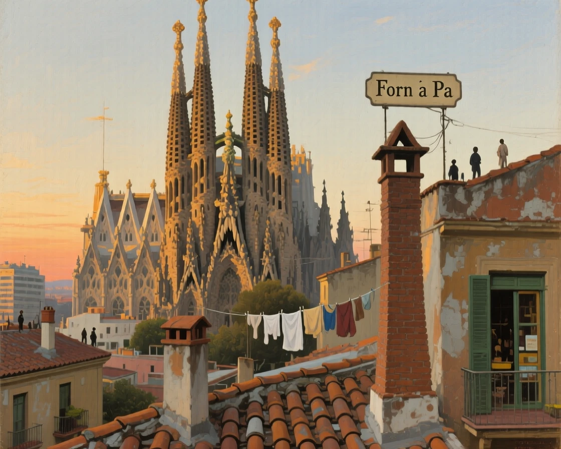 The dramatic spires of Sagrada Familia rising above Barcelona's rooftops, as the last light of day catches the tops of towers and rooftops, celebrating the architectural wonder and cultural richness of the location