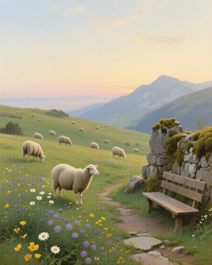 A quiet alpine meadow scattered with wildflowers and grazing sheep holding the hush of early morning before the world awakens, set beside the remnants of an old stone wall or ruin, with a weathered bench or stone path inviting quiet contemplation; a low horizon line gives dramatic weight to an expansive sky, suggesting harmony between the natural world and the soul.