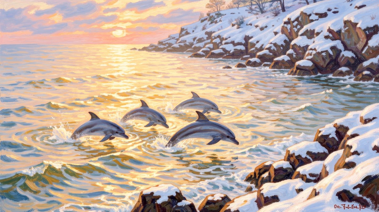 A pod of dolphins leaping through golden waves at sunset off a rocky coastline, under a fresh blanket of snow, capturing a moment of quiet intimacy.