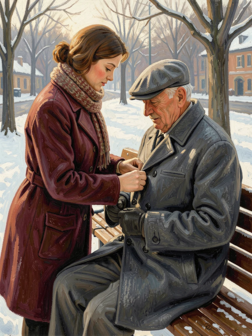 A daughter helping her elderly father button his coat on a cold winter morning.