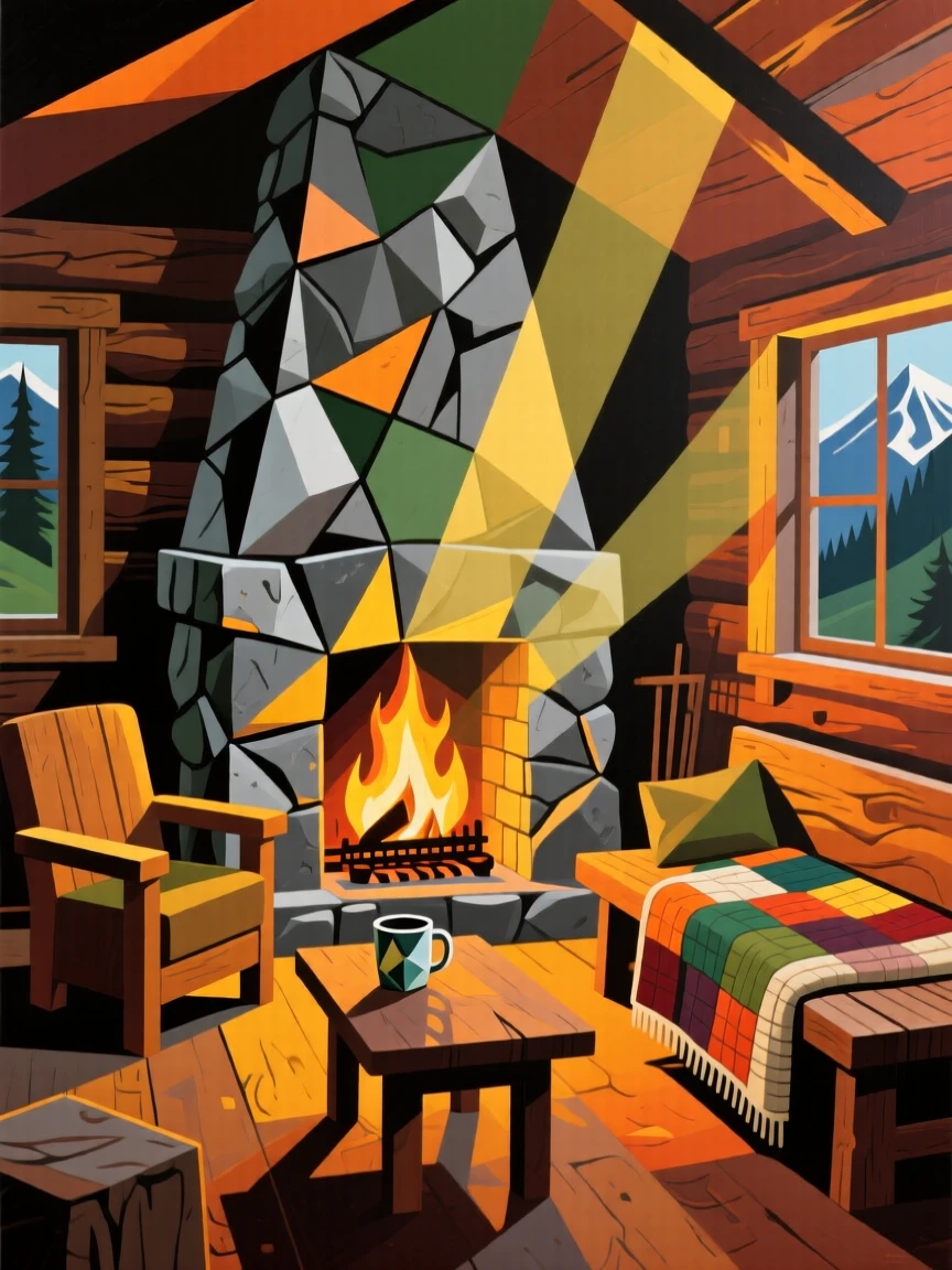 A cozy mountain cabin interior glowing warmly beside a stone fireplace.