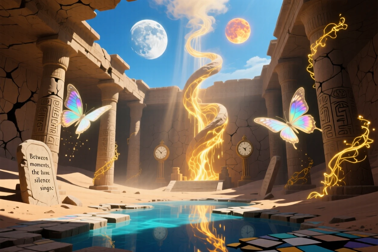 An ancient temple where light pours through a ceiling of open sky waits patiently, untouched by the passage of centuries, as faint golden light spills from cracks in its walls.