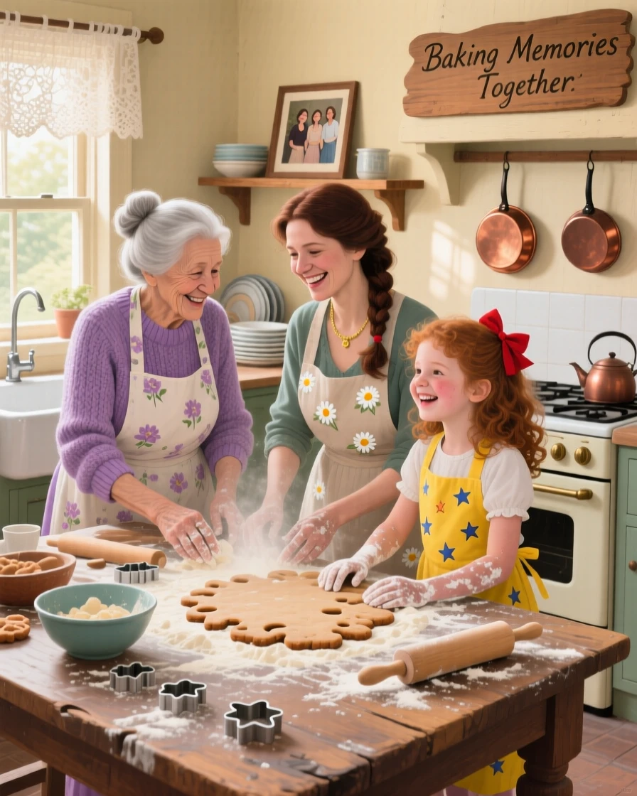Three generations of women bake cookies together in a warm kitchen, flour-dusted aprons and shared laughter filling the cozy space, small personal details in their clothing and surroundings hinting at their story.