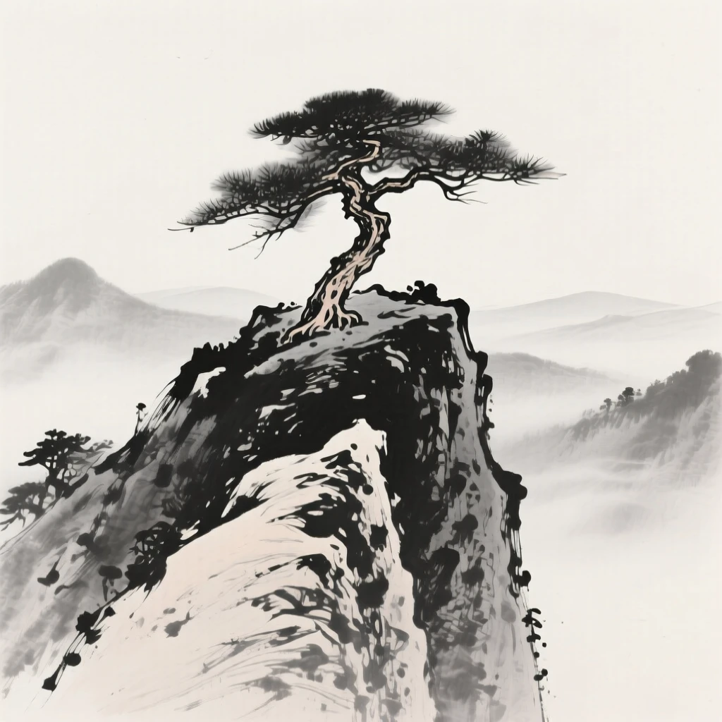A solitary pine stands atop a wind-scoured summit, as mist rolls in over the surrounding ridges.
