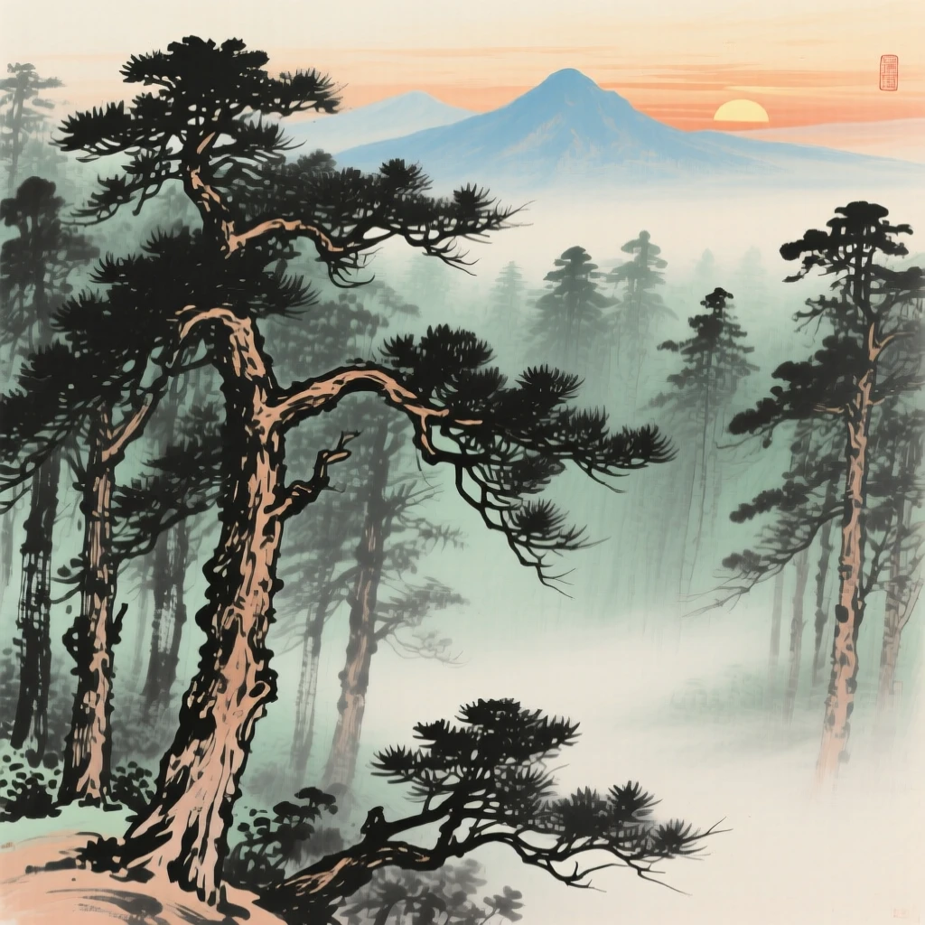 A dense pine forest blanketed in morning fog, as the sun sets behind distant peaks, carrying a mood of wistful nostalgia.