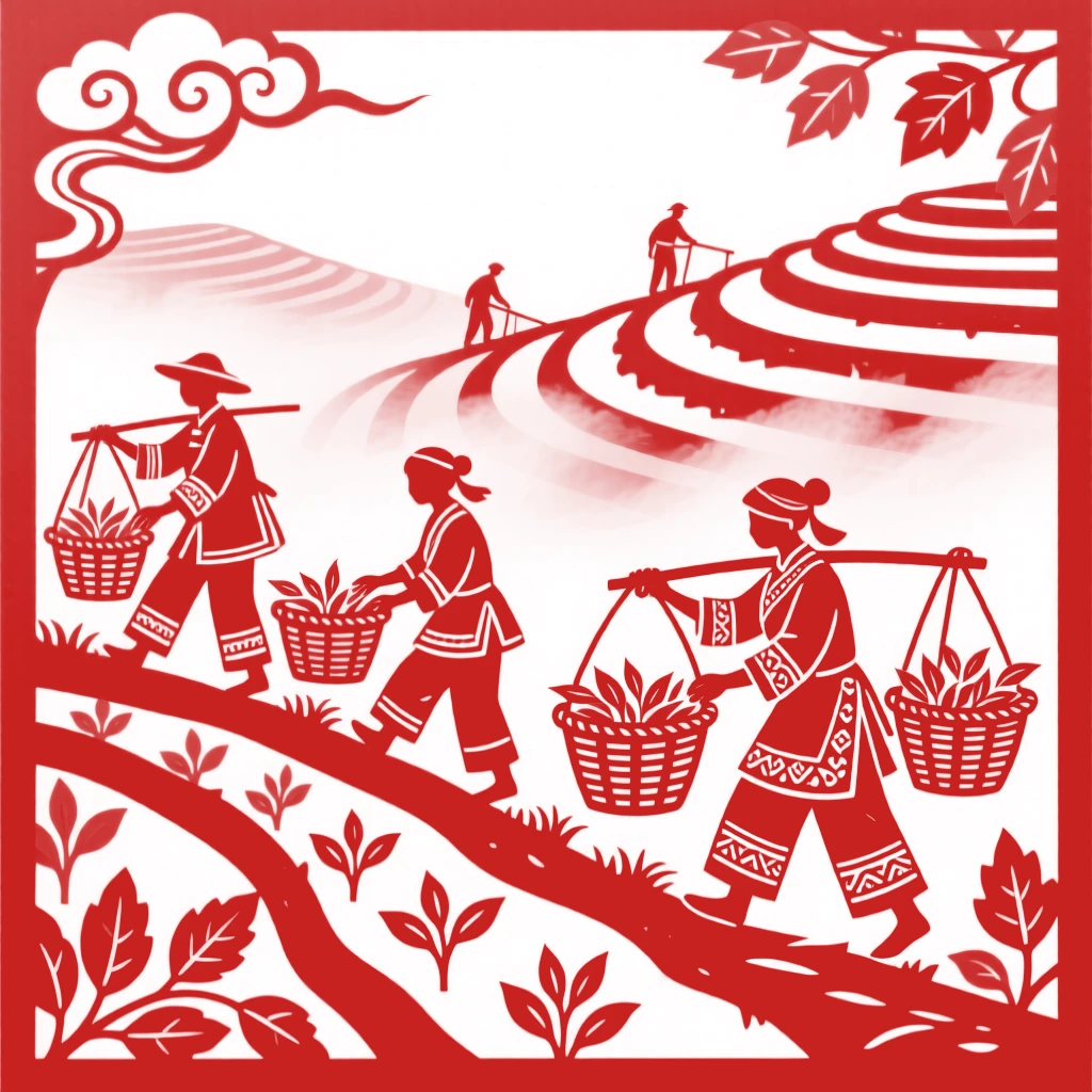 An autumn tea harvest with workers carrying baskets of freshly picked leaves down misty hillside terraces