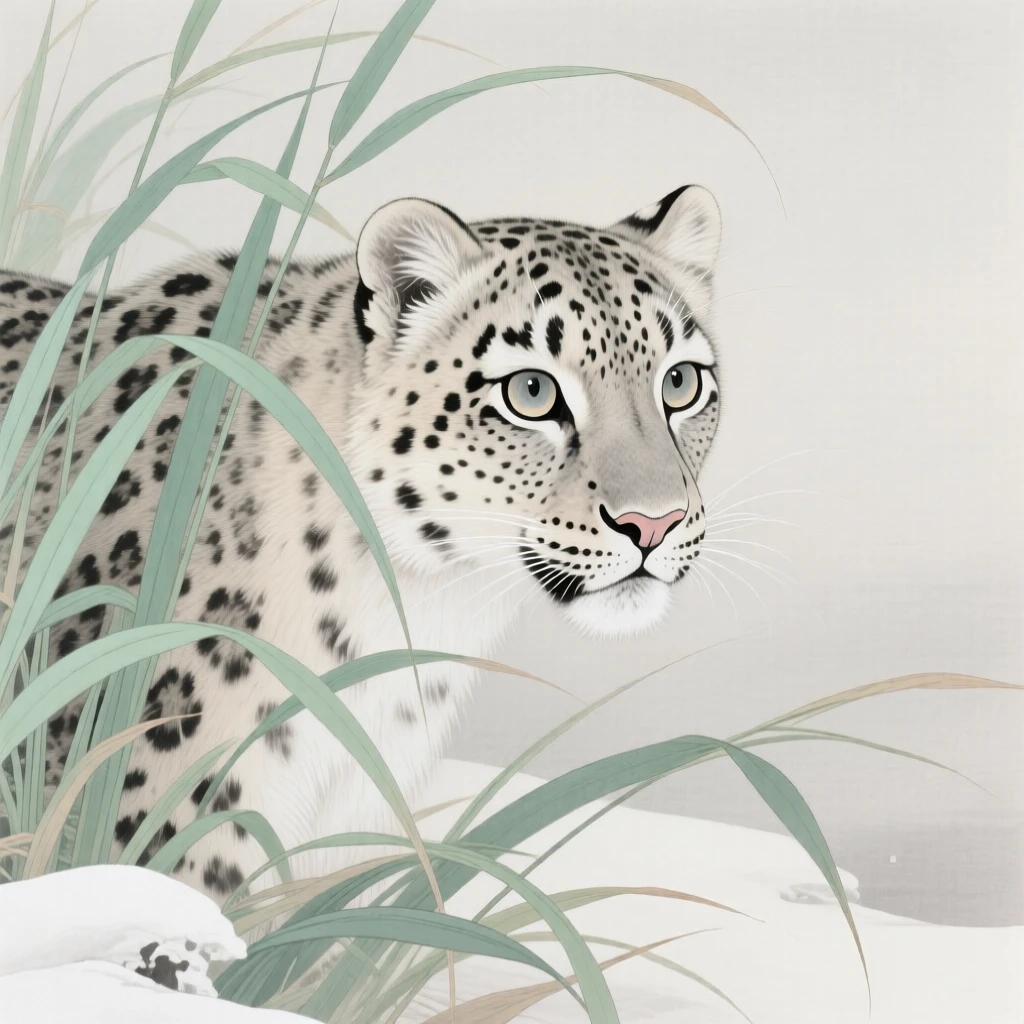 A snow leopard peeking out from behind tall grass