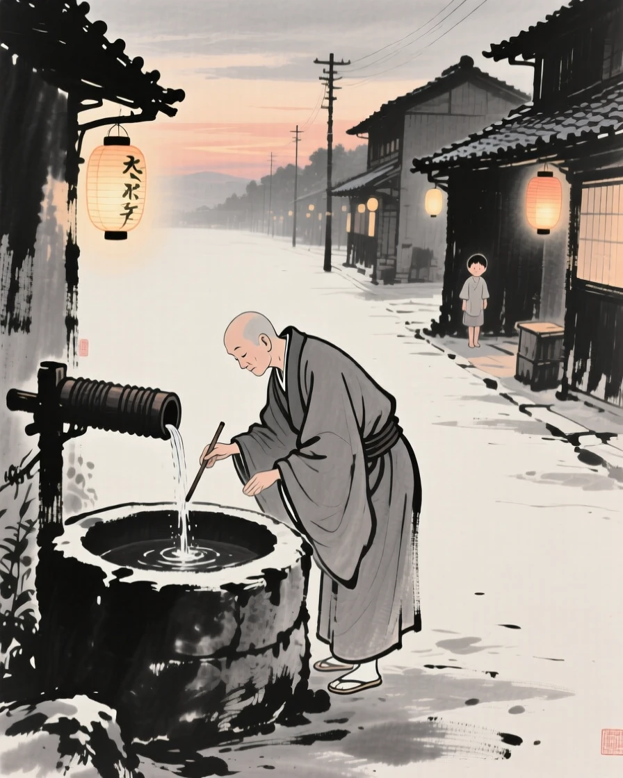 A robed monk drawing water from a village well along a lantern-lit street at dusk, composed with soft light falling across the scene, carrying a tender sense of familial warmth.
