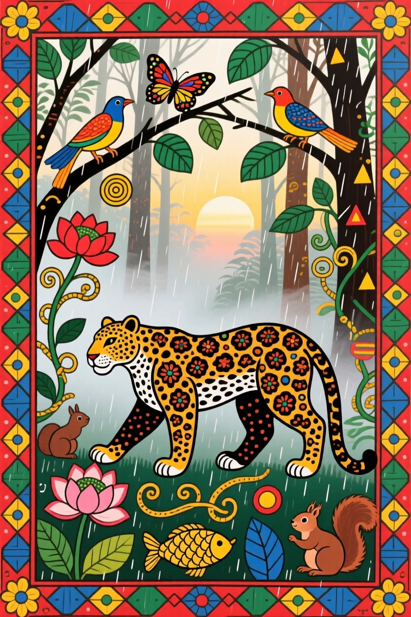 A jaguar moving silently through a misty rainforest at dawn.
